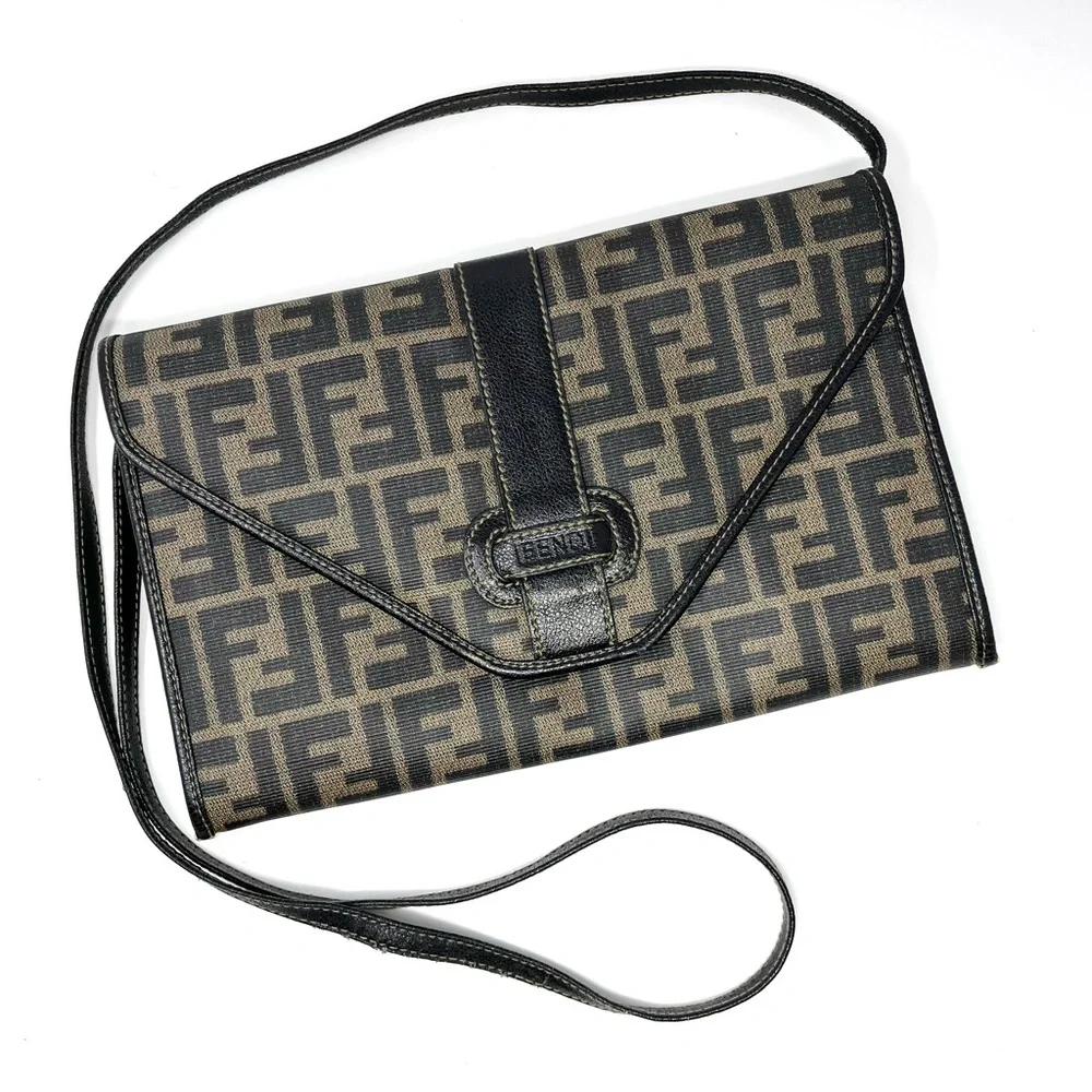 Vintage Fendi Brown Zucca FF Logo Monogram Canvas Shoulder Crossbody Clutch Bag